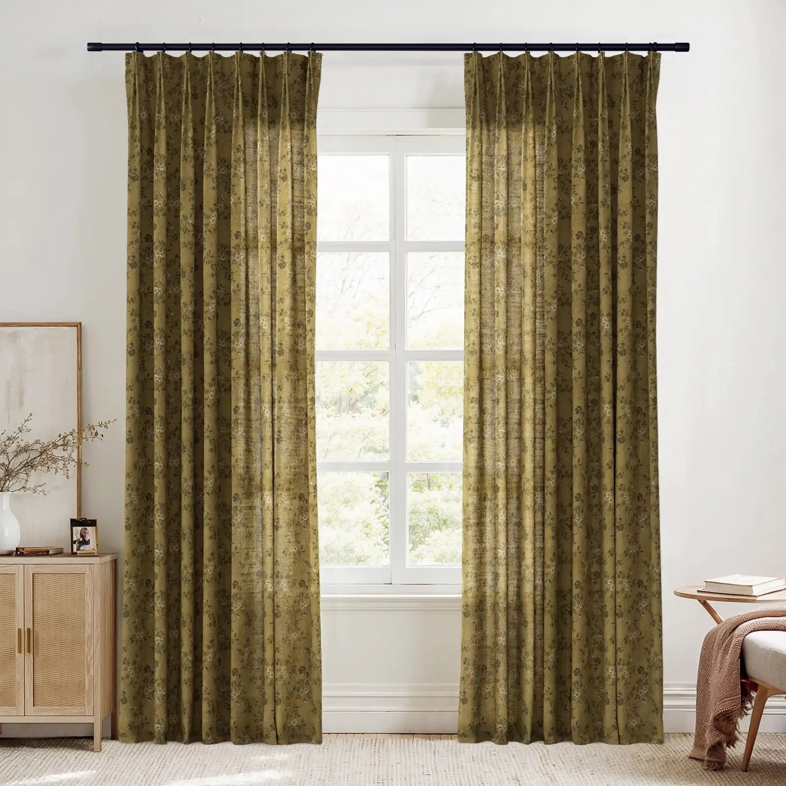 Sara Le Linen Copper Floral Print Pinch Pleat Curtain Unlined