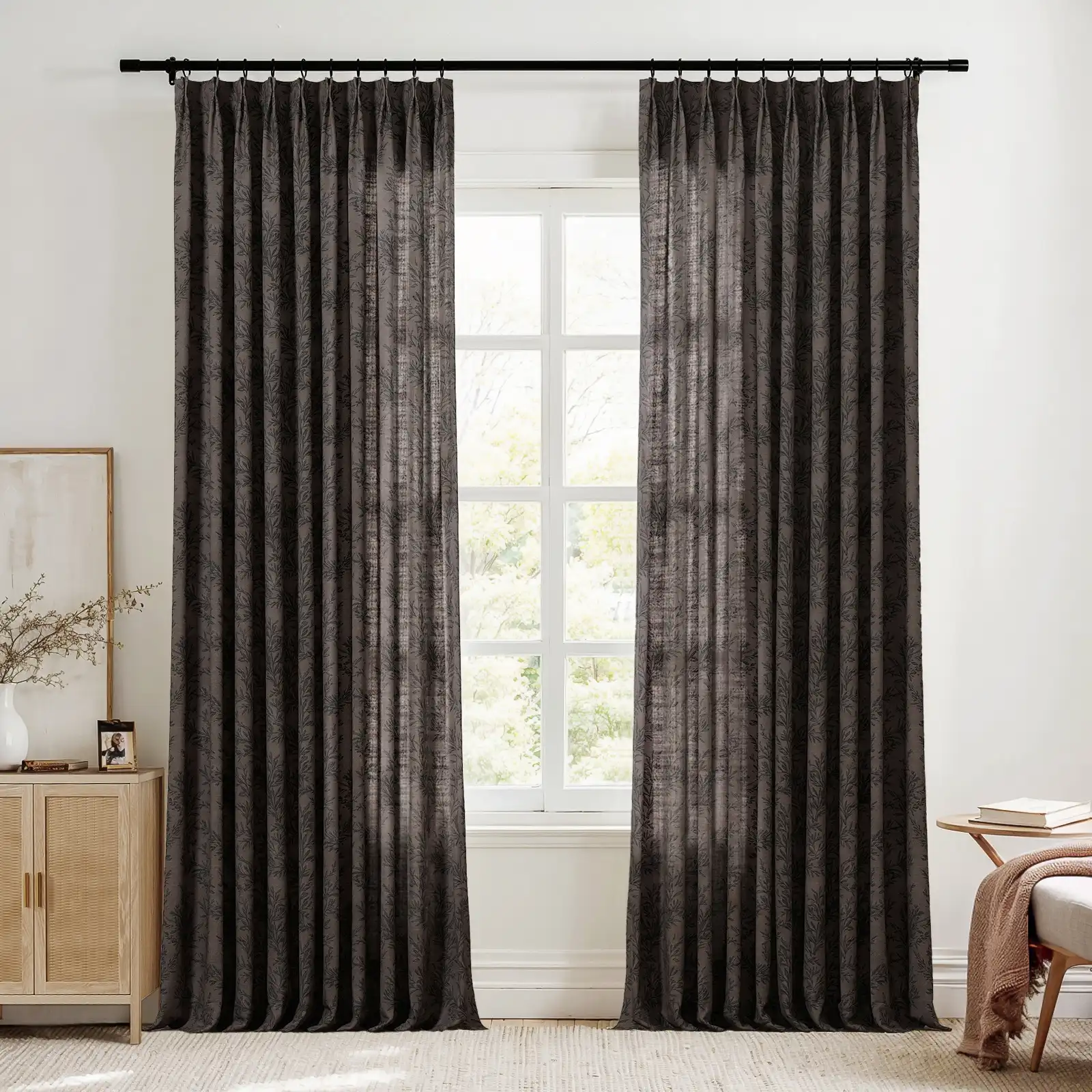 Sara Le Linen Wine Leaves Print Pinch Pleat Curtain Unlined