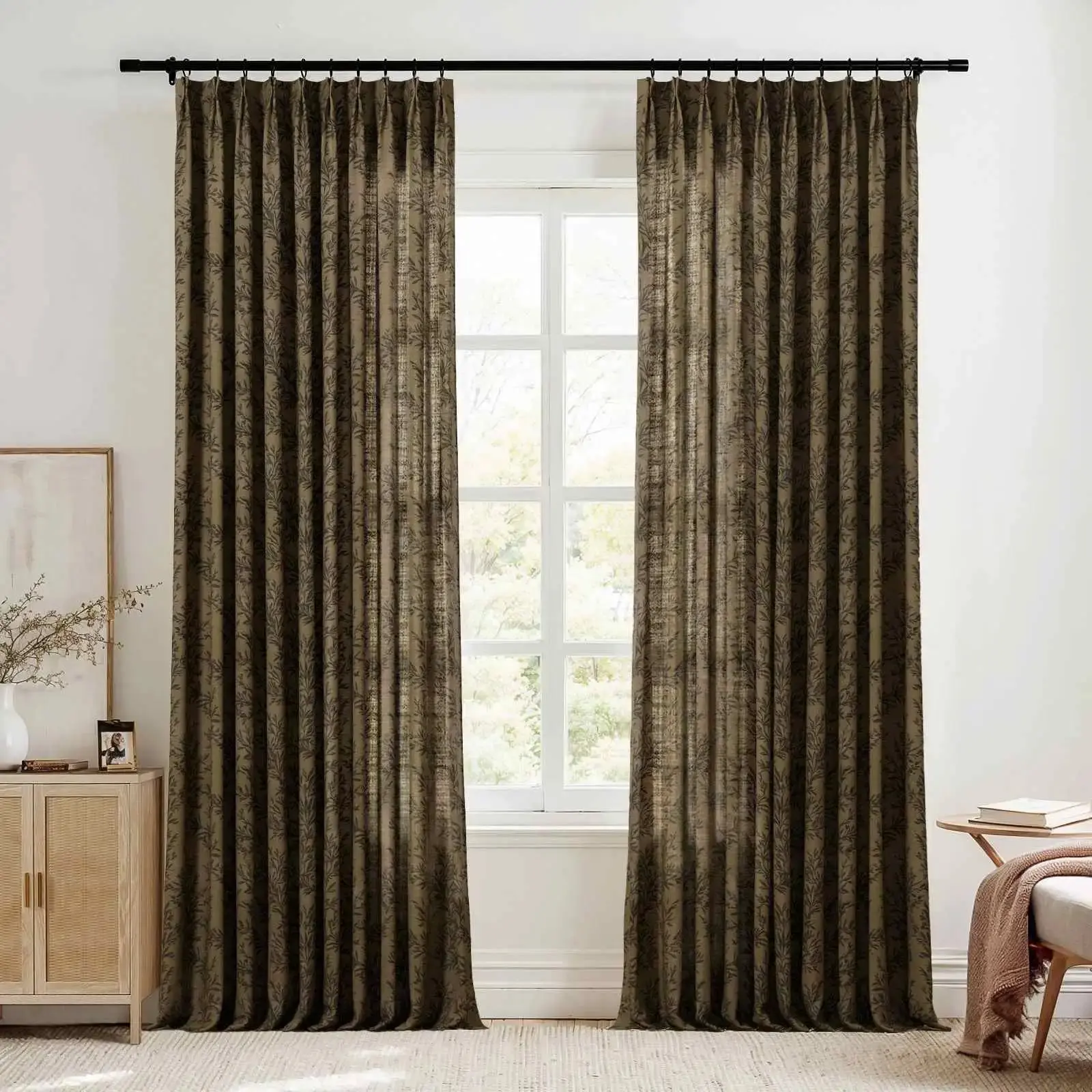 Sara Le Linen Bronze Leaves Print Pinch Pleat Curtain Unlined
