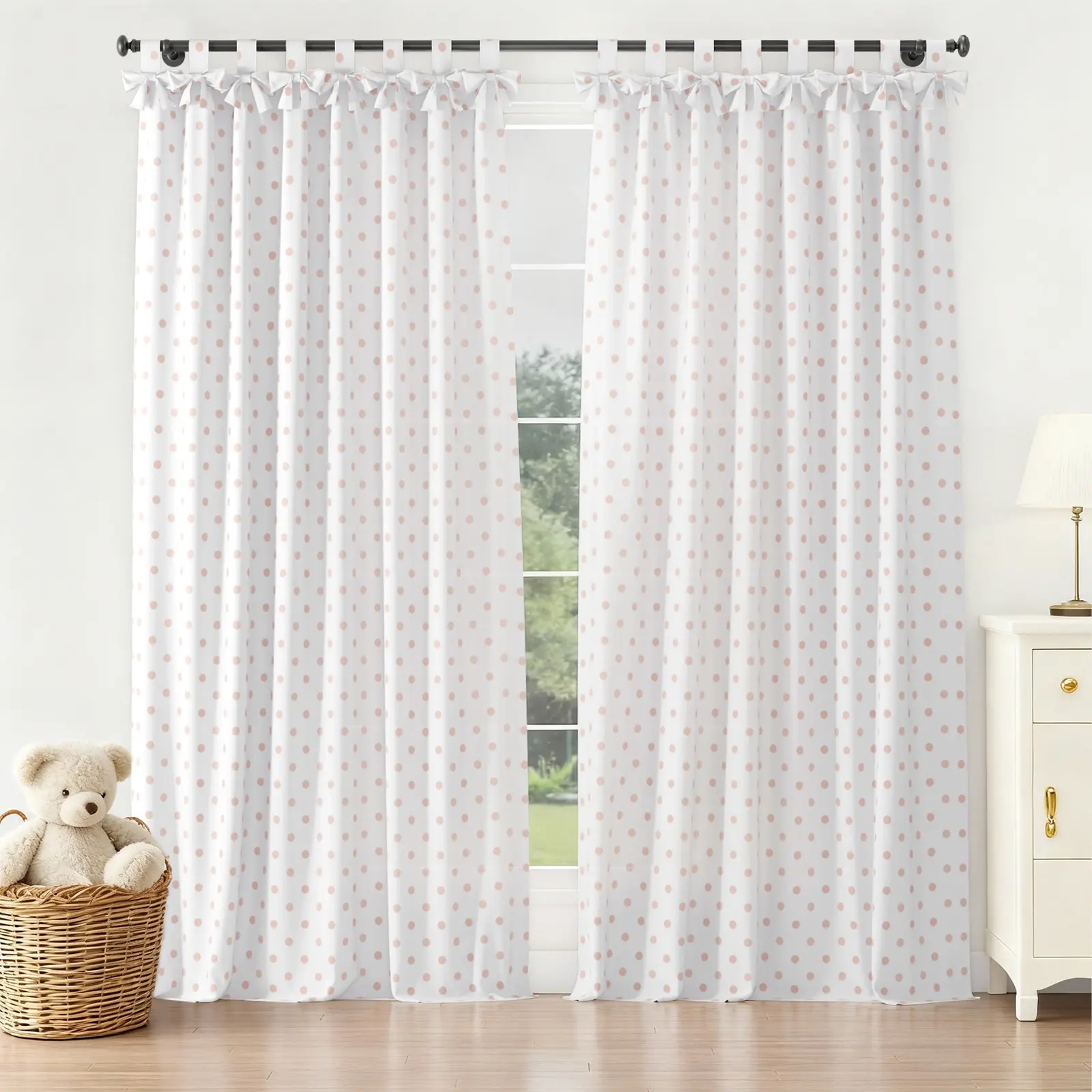 Stefana Silber Linen Polka Dot Print Tie Top Bow Curtain